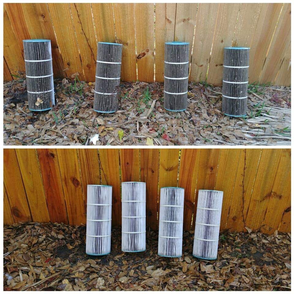 Cartridge filter cleaning during pool equipment service by Redzone Pools in Greater Houston