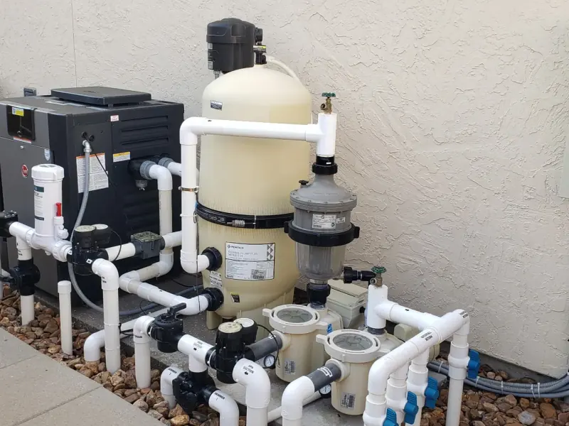 Pentair pool equipment pad with filter, heater and automation panel repaired by Redzone Pools in Cypress, TX