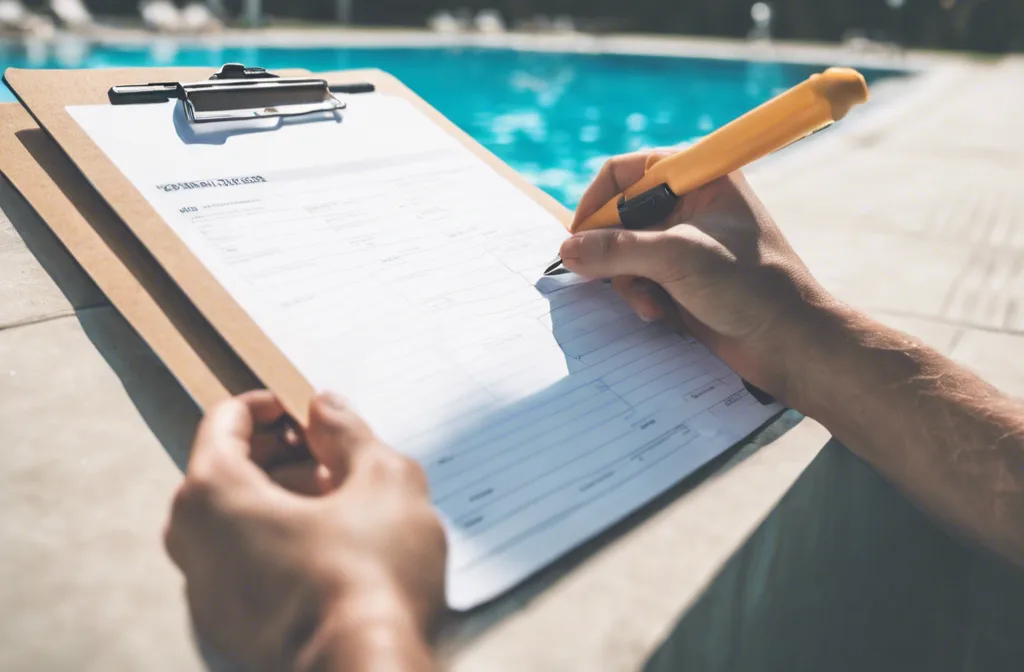 Certified Pool Inspector evaluating pool equipment during a pre-purchase pool inspection in Houston TX